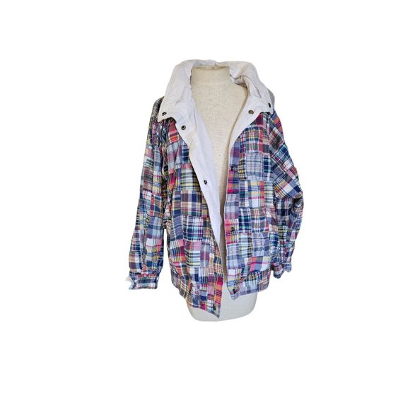 Izzi Jackets & Blazers - vintage IZZI 1985 Reversible Jacket‎ size Medium snap button rain hood plaid wht